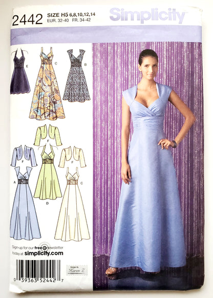 SIMPLICITY Sewing Pattern 2442, Evening Dress with Bolero, Length Variations Size 6-14