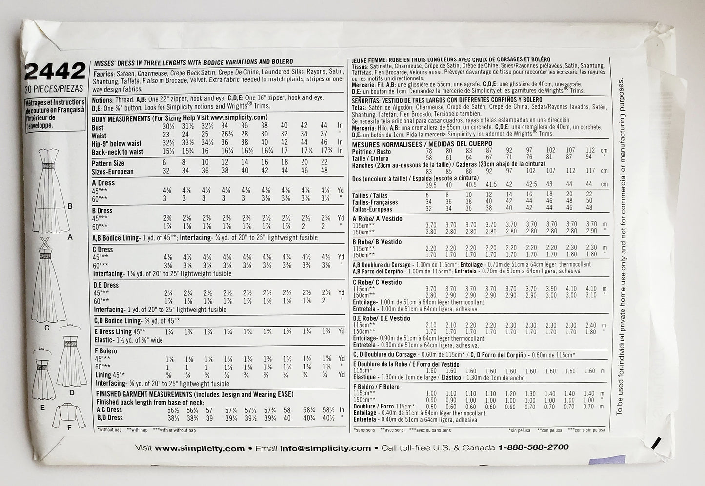 SIMPLICITY Sewing Pattern 2442, Evening Dress with Bolero, Length Variations Size 6-14