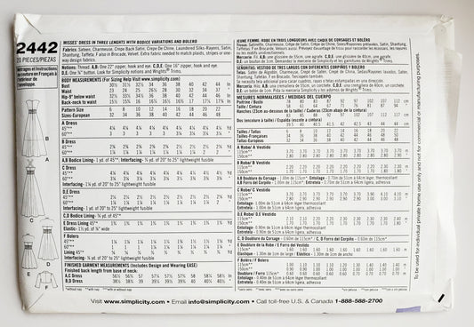 SIMPLICITY Sewing Pattern 2442, Evening Dress with Bolero, Length Variations Size 6-14