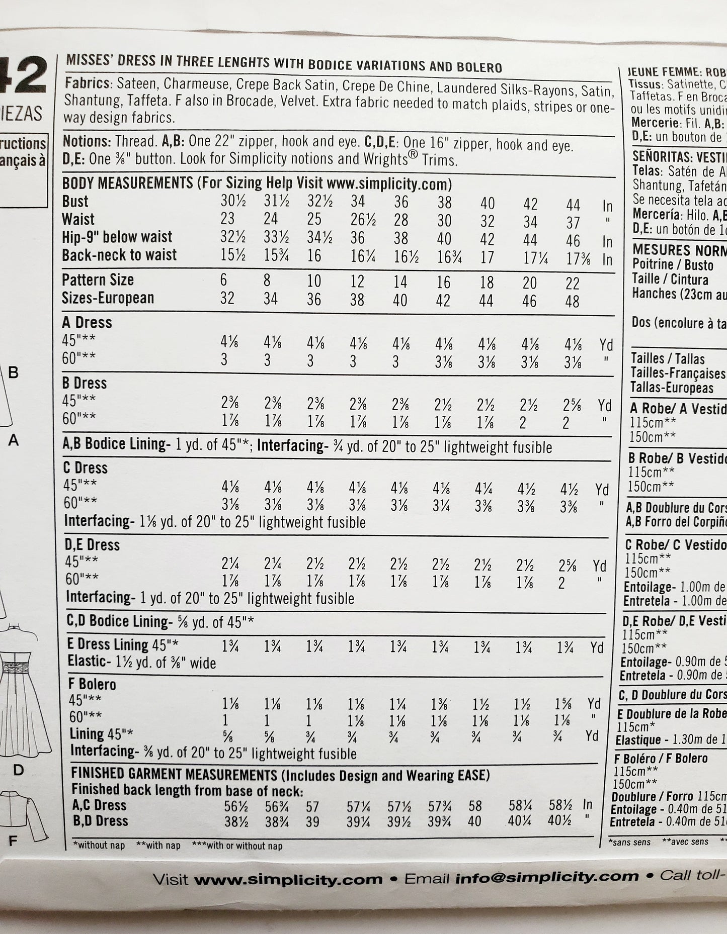 SIMPLICITY Sewing Pattern 2442, Evening Dress with Bolero, Length Variations Size 6-14