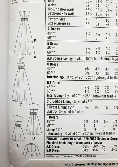 SIMPLICITY Sewing Pattern 2442, Evening Dress with Bolero, Length Variations Size 6-14