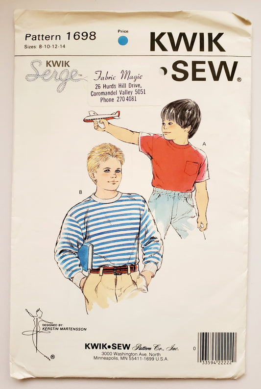KWIK SEW 80's Sewing Pattern 1698, Boys, T-shirt, Tee, Crew Neckline, Ribbing, Size 8-14