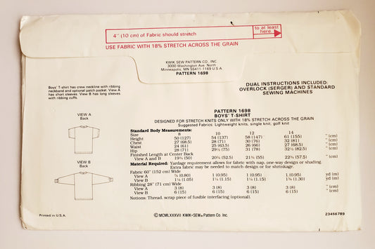 KWIK SEW 80's Sewing Pattern 1698, Boys, T-shirt, Tee, Crew Neckline, Ribbing, Size 8-14