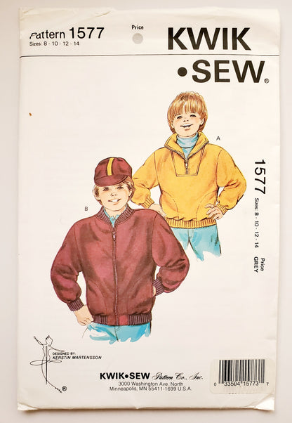 KWIK SEW Sewing Pattern 1577 Boys Zipped or Pullover Jacket Size 8-14