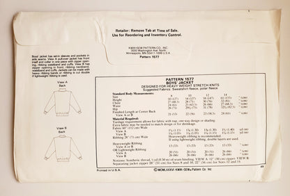 KWIK SEW Sewing Pattern 1577 Boys Zipped or Pullover Jacket Size 8-14