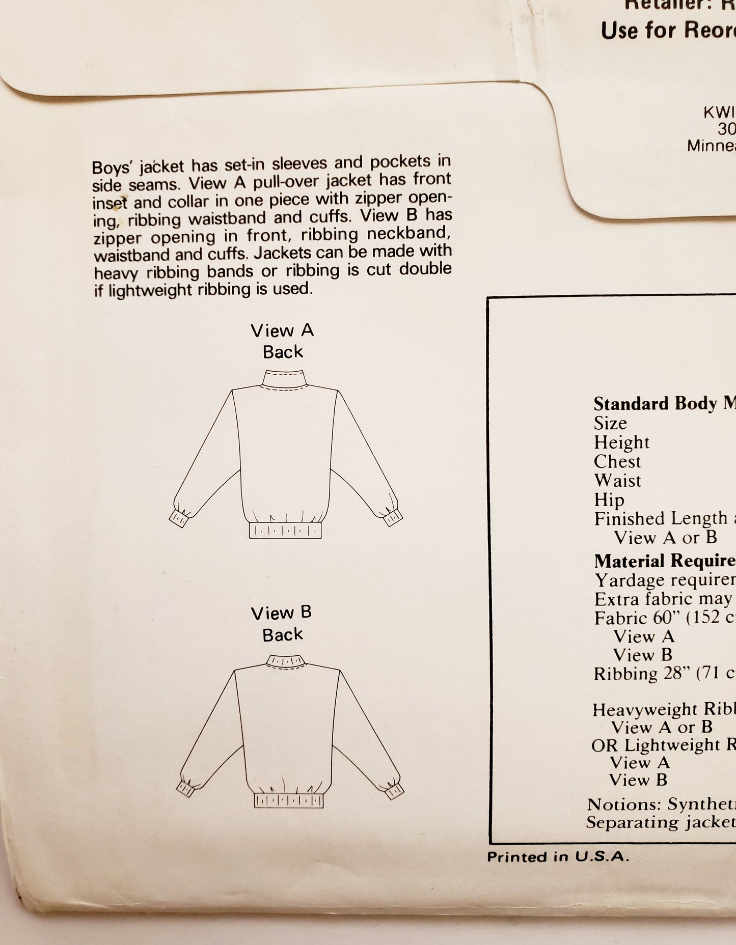 KWIK SEW Sewing Pattern 1577 Boys Zipped or Pullover Jacket Size 8-14