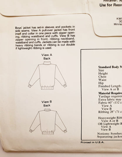 KWIK SEW Sewing Pattern 1577 Boys Zipped or Pullover Jacket Size 8-14