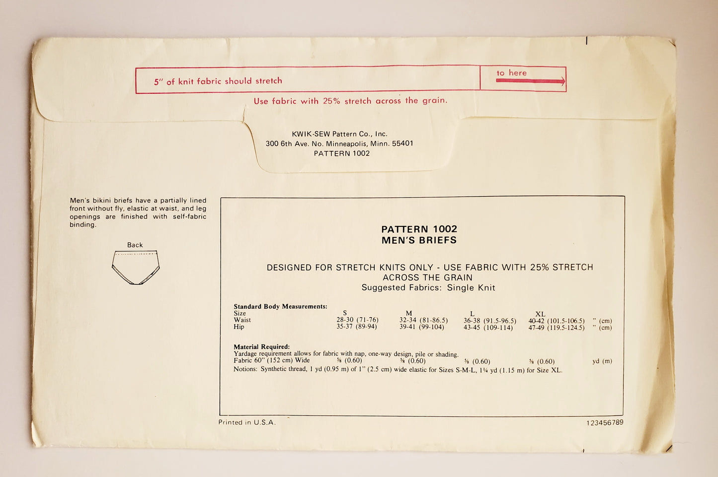 KWIK SEW Sewing Pattern 1002 Mens Vintage Briefs Underwear Size Small to XL.