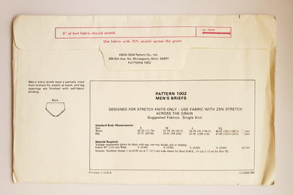 KWIK SEW Sewing Pattern 1002 Mens Vintage Briefs Underwear Size Small to XL.