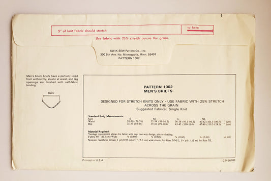 KWIK SEW Sewing Pattern 1002 Mens Vintage Briefs Underwear Size Small to XL.