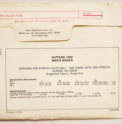 KWIK SEW Sewing Pattern 1002 Mens Vintage Briefs Underwear Size Small to XL.