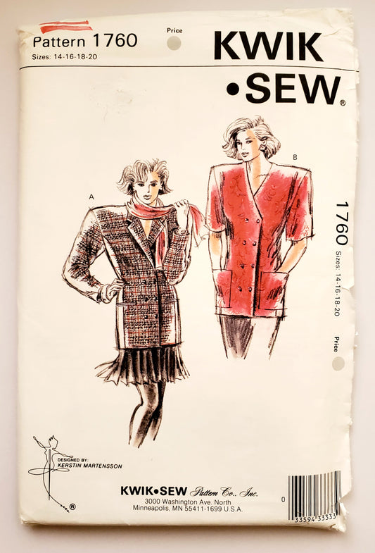 KWIK SEW 80's Sewing Pattern 1760, Jackets, Double Breasted, Princess Seams, Size 14-20