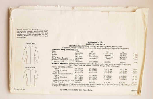 KWIK SEW 80's Sewing Pattern 1760, Jackets, Double Breasted, Princess Seams, Size 14-20