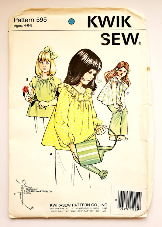 KWIK SEW Sewing Pattern 595, Girls, Kids, Raglan Sleeve, Top, Neckline Ruffle, Elastic Neckline, Puff Sleeves, Size 4-8