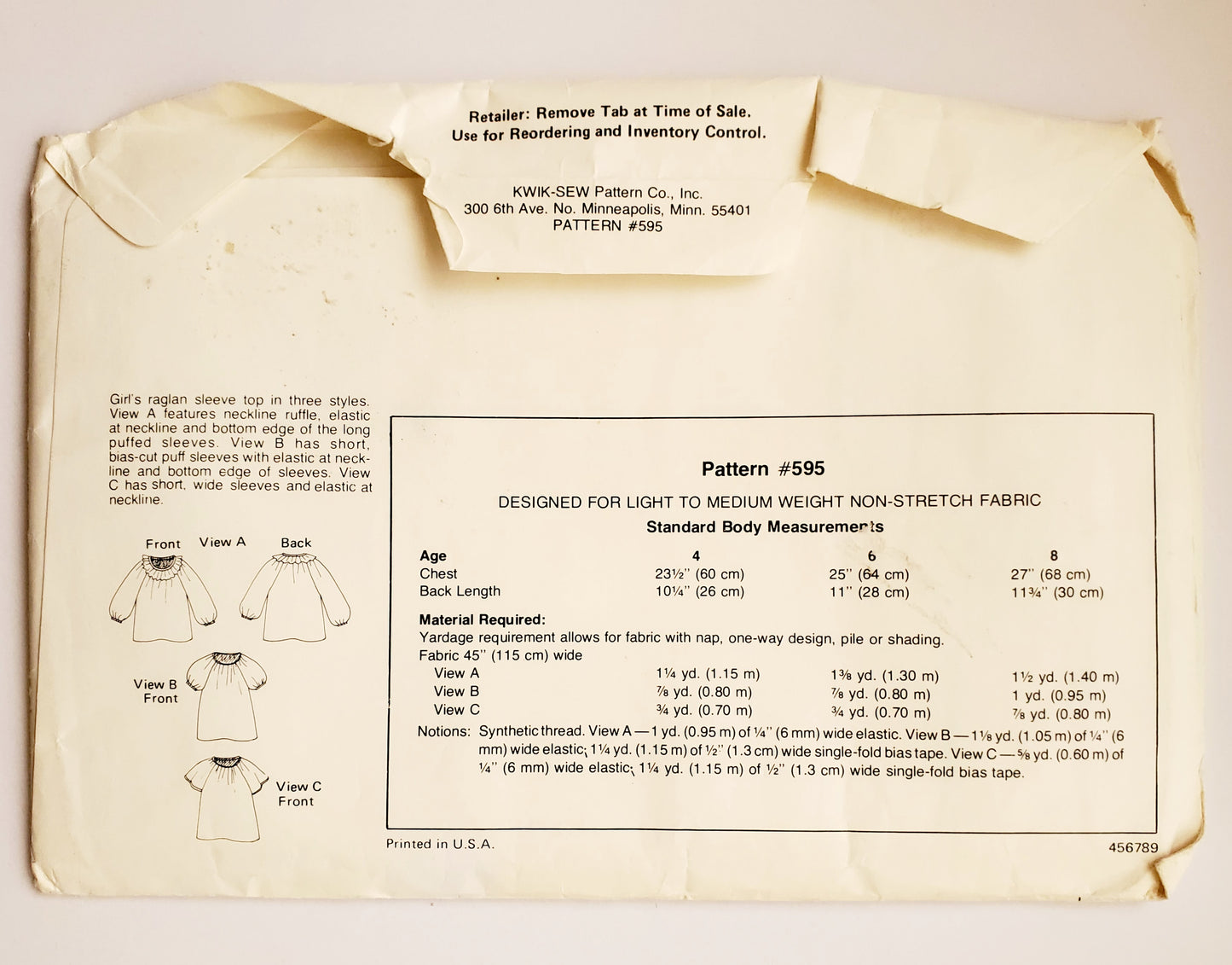 KWIK SEW Sewing Pattern 595, Girls, Kids, Raglan Sleeve, Top, Neckline Ruffle, Elastic Neckline, Puff Sleeves, Size 4-8