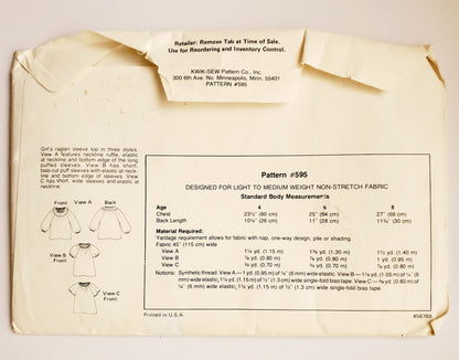 KWIK SEW Sewing Pattern 595, Girls, Kids, Raglan Sleeve, Top, Neckline Ruffle, Elastic Neckline, Puff Sleeves, Size 4-8