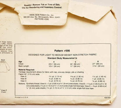 KWIK SEW Sewing Pattern 595, Girls, Kids, Raglan Sleeve, Top, Neckline Ruffle, Elastic Neckline, Puff Sleeves, Size 4-8