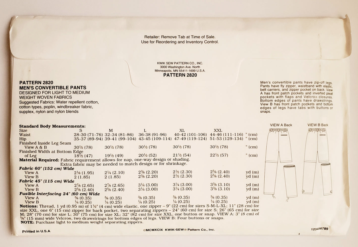 KWIK SEW 90's Sewing Pattern 2820, Men's, Pants, Convertible Pants, Cargo Style, Zip-Off Pants, Size S-XXL