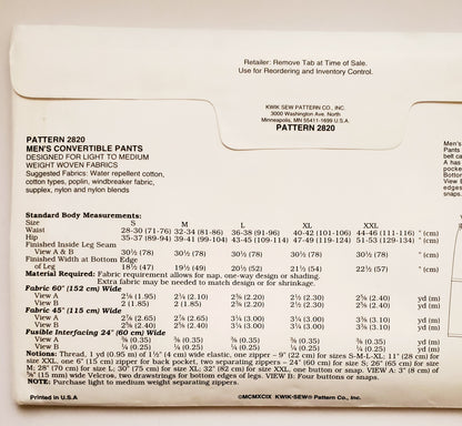 KWIK SEW 90's Sewing Pattern 2820, Men's, Pants, Convertible Pants, Cargo Style, Zip-Off Pants, Size S-XXL