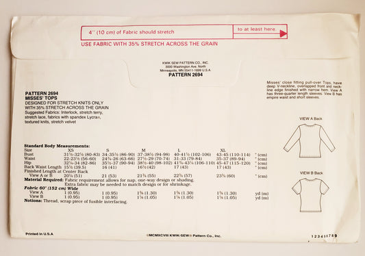KWIK SEW 90's Sewing Pattern 2694, Tops with Cross Over Feature, Sizes XS-XL