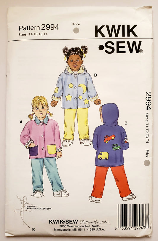 KWIK SEW 90's Sewing Pattern 2994, Toddler, Jacket & Pants- Elastic in Waist, Sizes 1-4