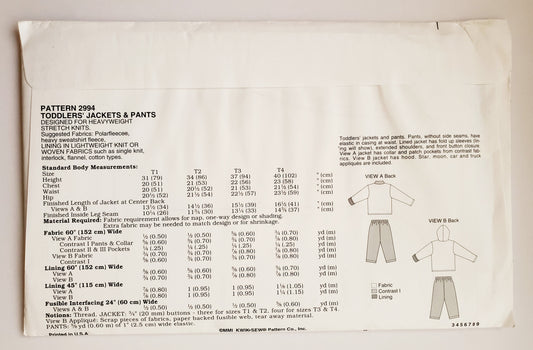 KWIK SEW 90's Sewing Pattern 2994, Toddler, Jacket & Pants- Elastic in Waist, Sizes 1-4