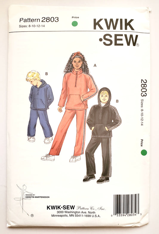 KWIK SEW 90's Sewing Pattern 2803, Kids, Unisex, Shirts, Kangaroo Pockets, Pants, Size 8-14