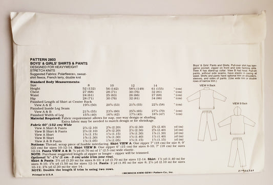 KWIK SEW 90's Sewing Pattern 2803, Kids, Unisex, Shirts, Kangaroo Pockets, Pants, Size 8-14