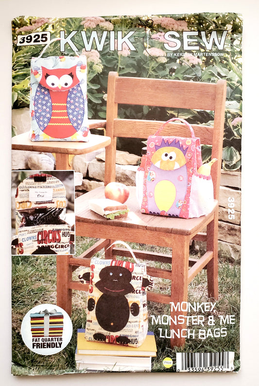 KWIK SEW Sewing Pattern 3925, Lunch Bags, Bags, Craft, Monkey, Monster, Owl, Kids