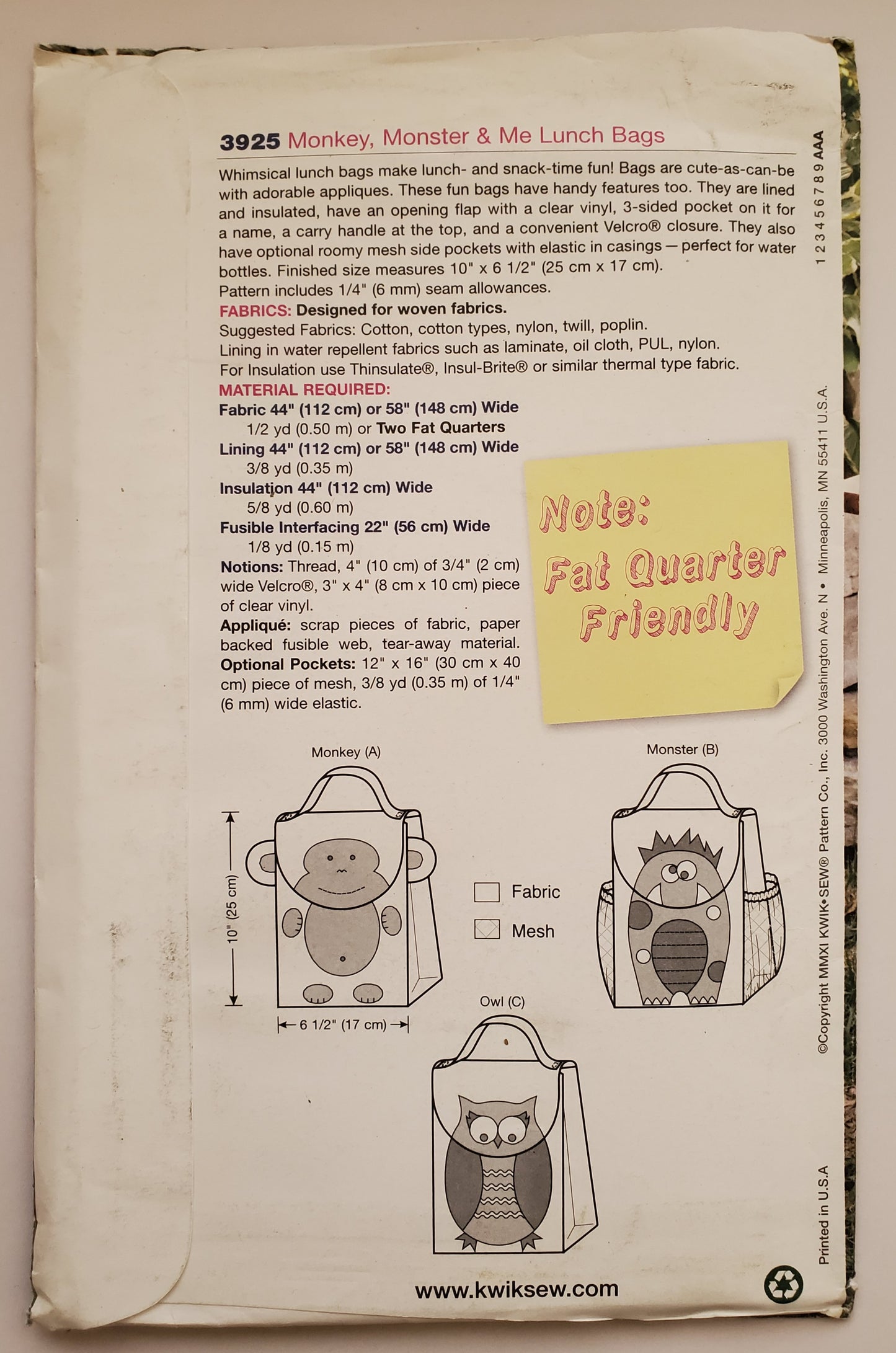 KWIK SEW Sewing Pattern 3925, Lunch Bags, Bags, Craft, Monkey, Monster, Owl, Kids