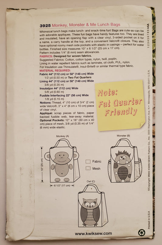 KWIK SEW Sewing Pattern 3925, Lunch Bags, Bags, Craft, Monkey, Monster, Owl, Kids
