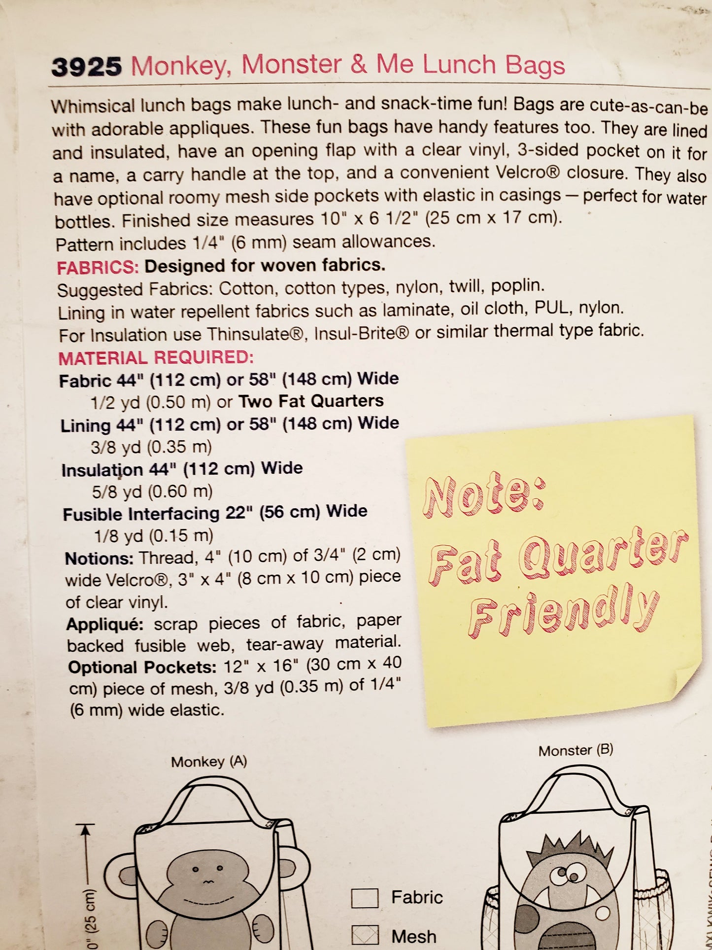 KWIK SEW Sewing Pattern 3925, Lunch Bags, Bags, Craft, Monkey, Monster, Owl, Kids