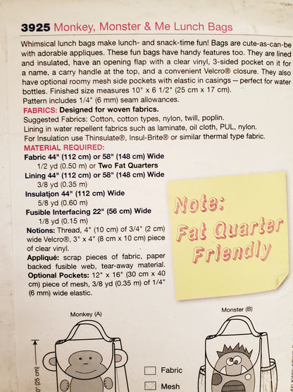 KWIK SEW Sewing Pattern 3925, Lunch Bags, Bags, Craft, Monkey, Monster, Owl, Kids