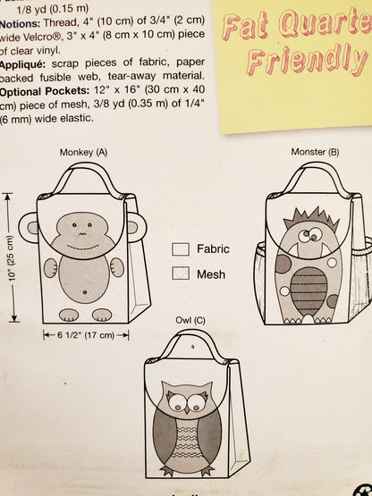 KWIK SEW Sewing Pattern 3925, Lunch Bags, Bags, Craft, Monkey, Monster, Owl, Kids