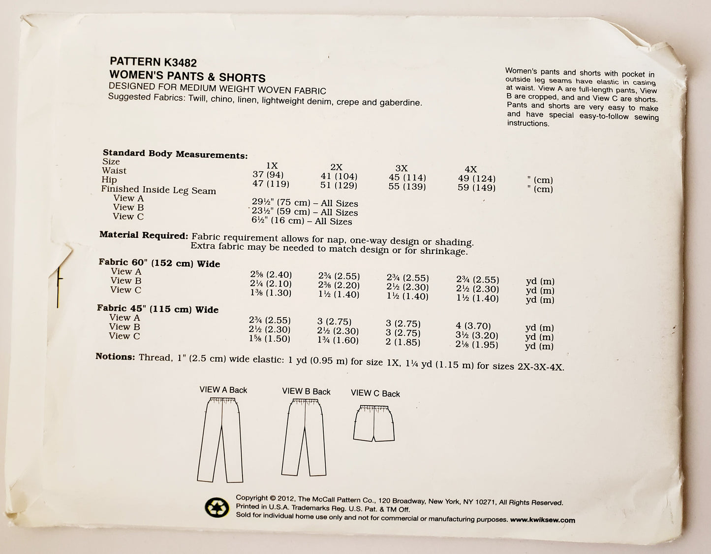 KWIK SEW Sewing Pattern K3482, Pants, Shorts, Elastic Waist, Full-Length Pants, Cropped Pants, Size 1X-4X