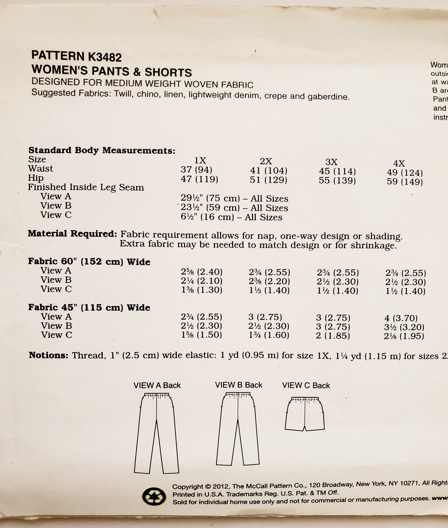 KWIK SEW Sewing Pattern K3482, Pants, Shorts, Elastic Waist, Full-Length Pants, Cropped Pants, Size 1X-4X