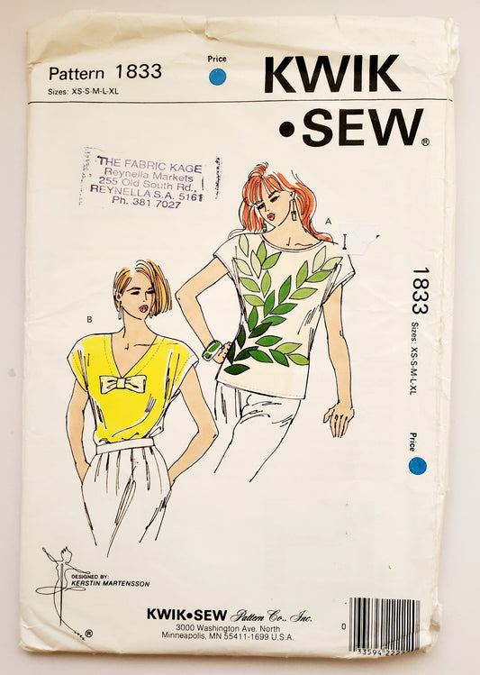 KWIK SEW 80's Sewing Pattern 1833, Tops, Cap Sleeves, Applique, V-Neckline, Bow, Size XS-XL