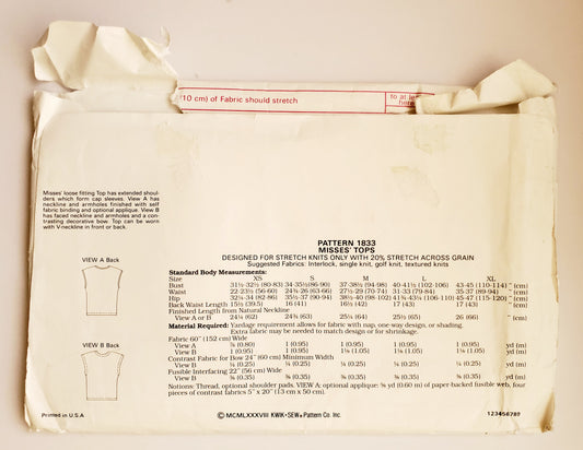 KWIK SEW 80's Sewing Pattern 1833, Tops, Cap Sleeves, Applique, V-Neckline, Bow, Size XS-XL