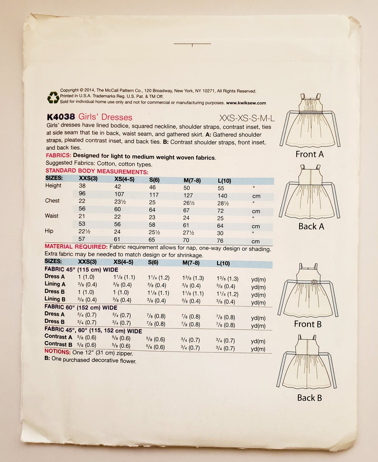 KWIK SEW Sewing Pattern K4038, Girls, Dress, Lined Bodice, Squared Neckline, Gathered Skirt, Size 3-10
