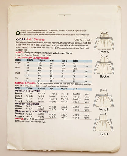 KWIK SEW Sewing Pattern K4038, Girls, Dress, Lined Bodice, Squared Neckline, Gathered Skirt, Size 3-10