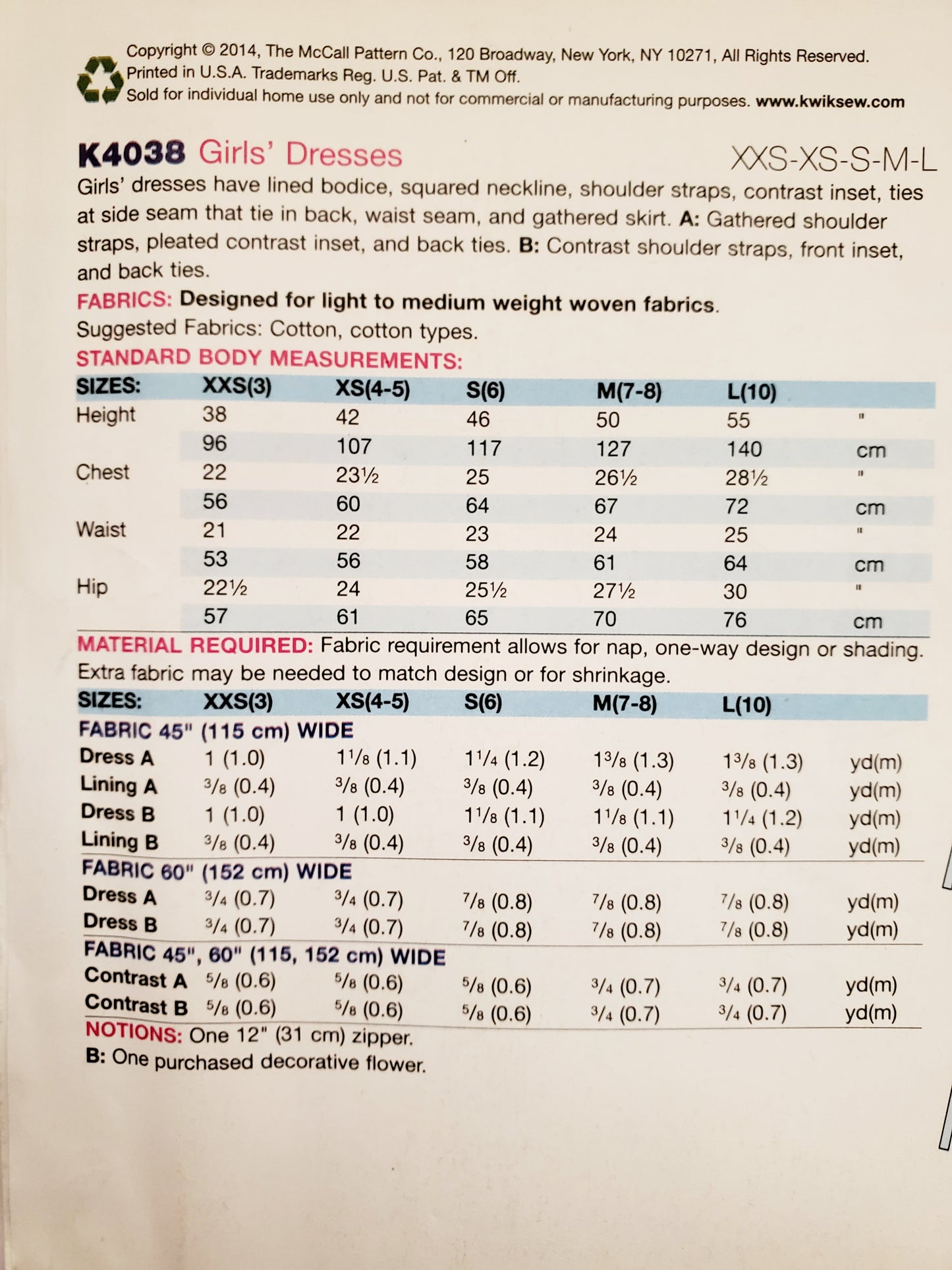 KWIK SEW Sewing Pattern K4038, Girls, Dress, Lined Bodice, Squared Neckline, Gathered Skirt, Size 3-10