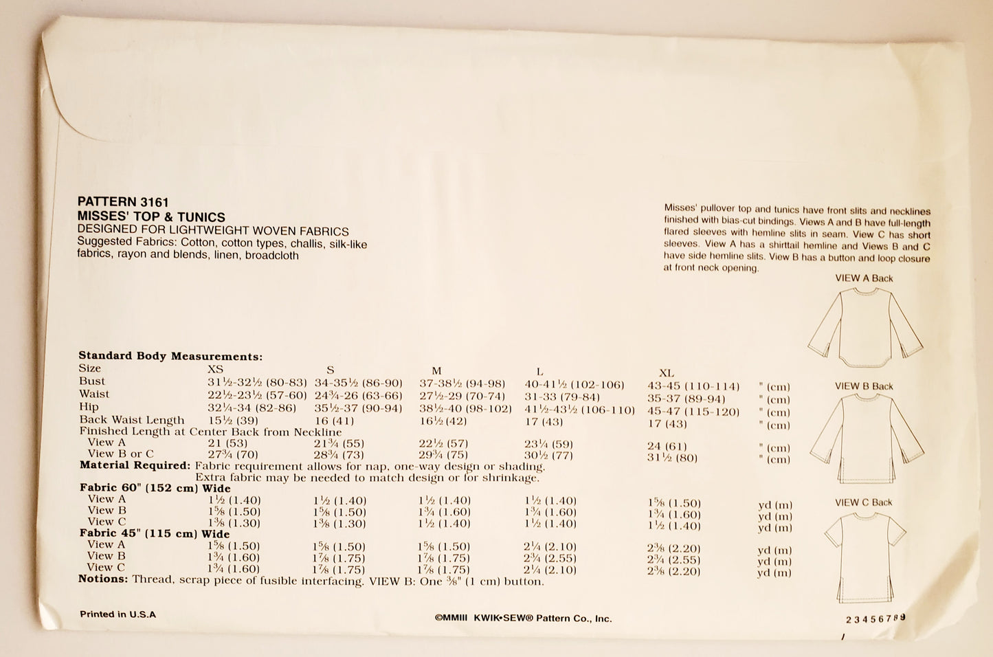 KWIK SEW Sewing Pattern 3161, Top, Pullover, Tunics, Hemline Slits, Size XS-XL