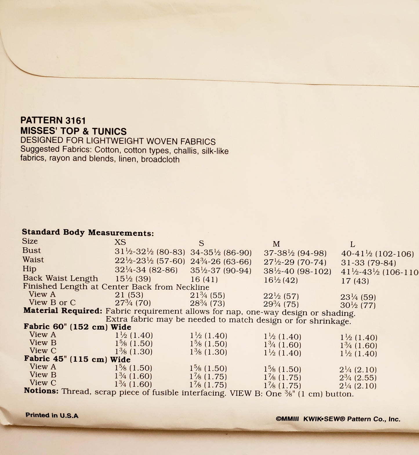 KWIK SEW Sewing Pattern 3161, Top, Pullover, Tunics, Hemline Slits, Size XS-XL