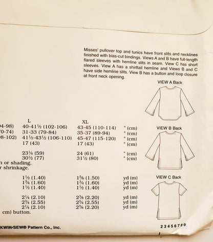 KWIK SEW Sewing Pattern 3161, Top, Pullover, Tunics, Hemline Slits, Size XS-XL