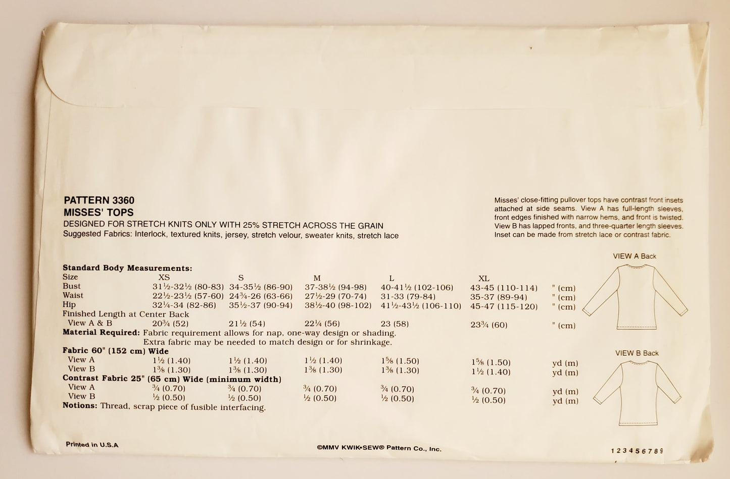 KWIK SEW Sewing Pattern 3360, Tops, Close-Fitting, Twisted Front, Lapped Front, Stretch Lace, Contrast Fabric, Size XS-XL