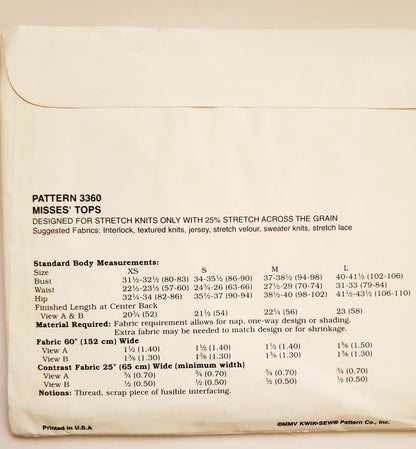 KWIK SEW Sewing Pattern 3360, Tops, Close-Fitting, Twisted Front, Lapped Front, Stretch Lace, Contrast Fabric, Size XS-XL