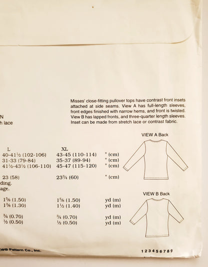 KWIK SEW Sewing Pattern 3360, Tops, Close-Fitting, Twisted Front, Lapped Front, Stretch Lace, Contrast Fabric, Size XS-XL