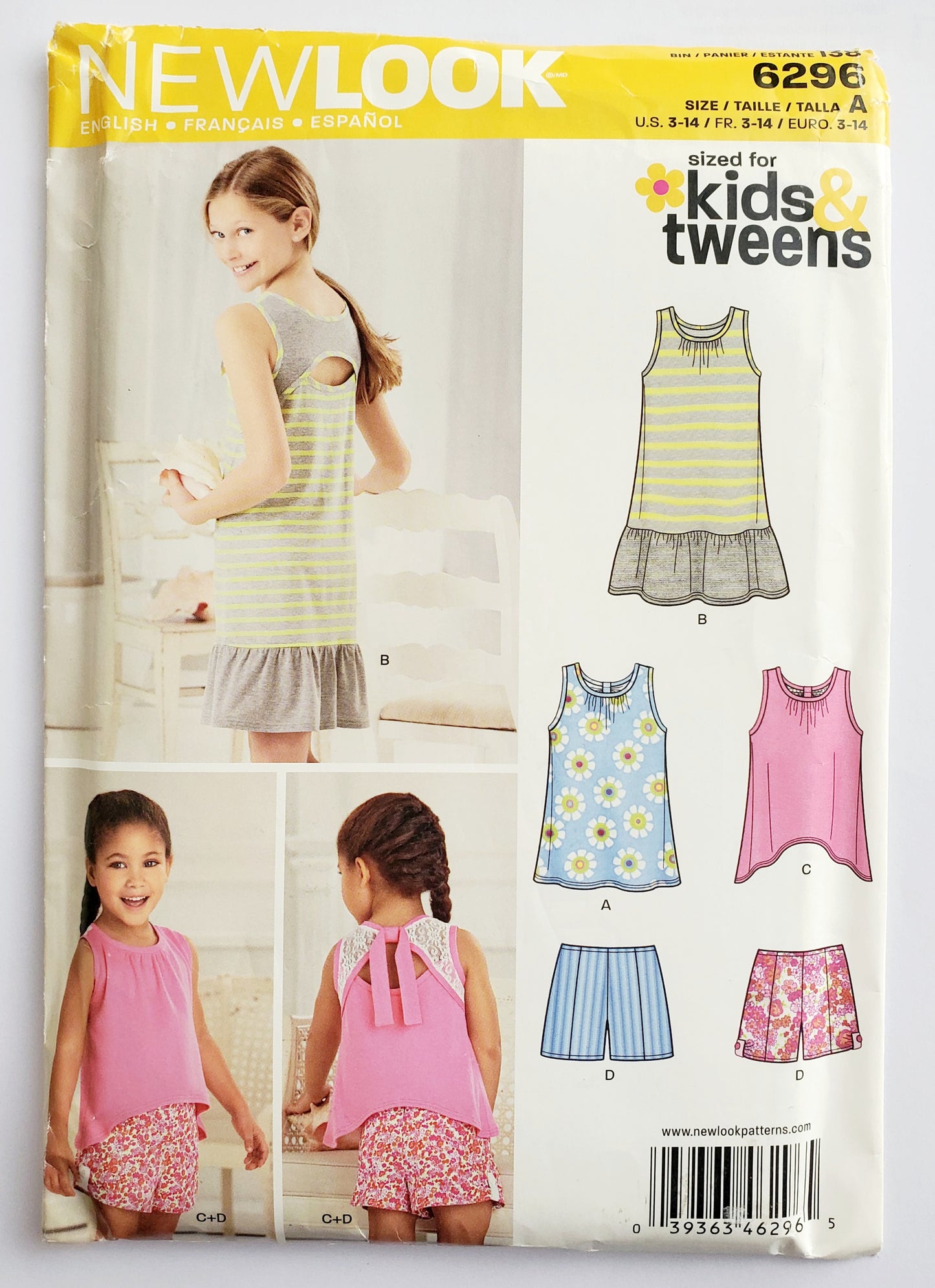 NEW LOOK Sewing Pattern 6296 Kids Girls Tweens Casual Sleeveless Tank Dress, Top, Cut Out Detail Shorts Sizes 3-14
