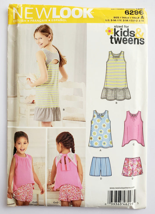 NEW LOOK Sewing Pattern 6296 Kids Girls Tweens Casual Sleeveless Tank Dress, Top, Cut Out Detail Shorts Sizes 3-14