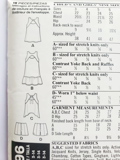 NEW LOOK Sewing Pattern 6296 Kids Girls Tweens Casual Sleeveless Tank Dress, Top, Cut Out Detail Shorts Sizes 3-14
